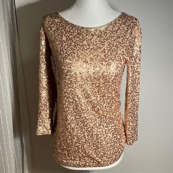 J Crew Sequined 3/4 Sleeve Boat Neck Top Gold Sequins - Picture 1 of 7